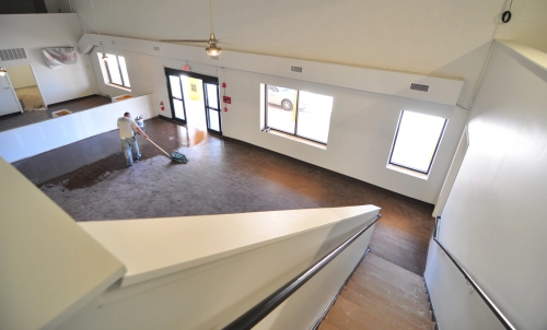 From a view of the 2nd floor, you can see down into what will be the main lobby and front desk area.